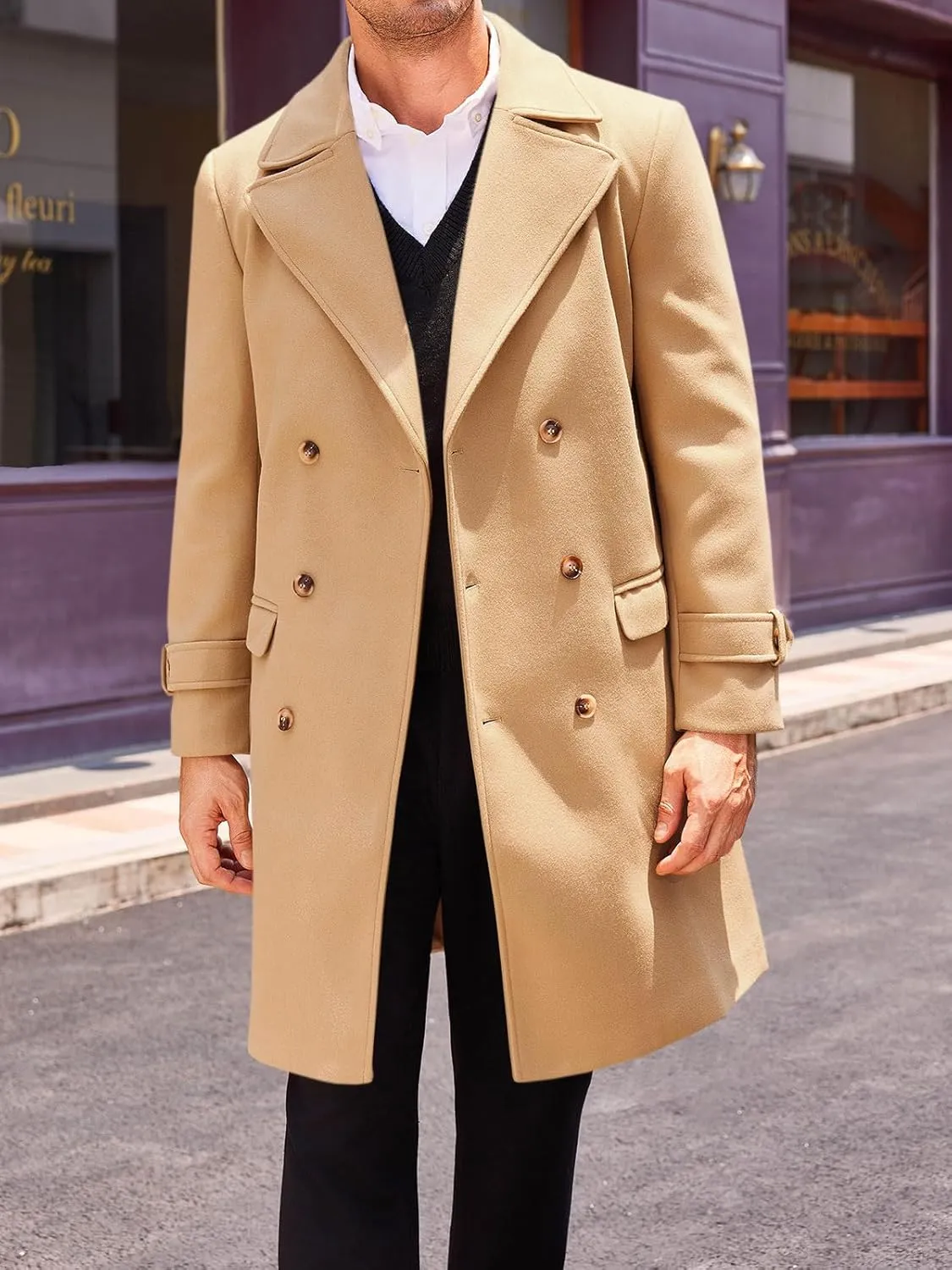 Runcati Mens Double Breasted Trench Coat Mid Long Jacket Notched Lapel Winter Chunky Warm Overcoat
