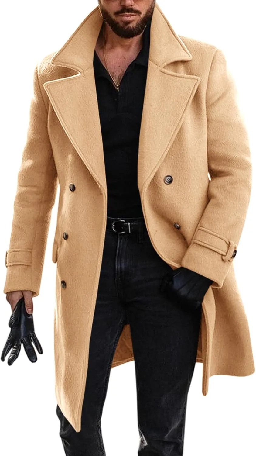 Runcati Mens Double Breasted Trench Coat Mid Long Jacket Notched Lapel Winter Chunky Warm Overcoat
