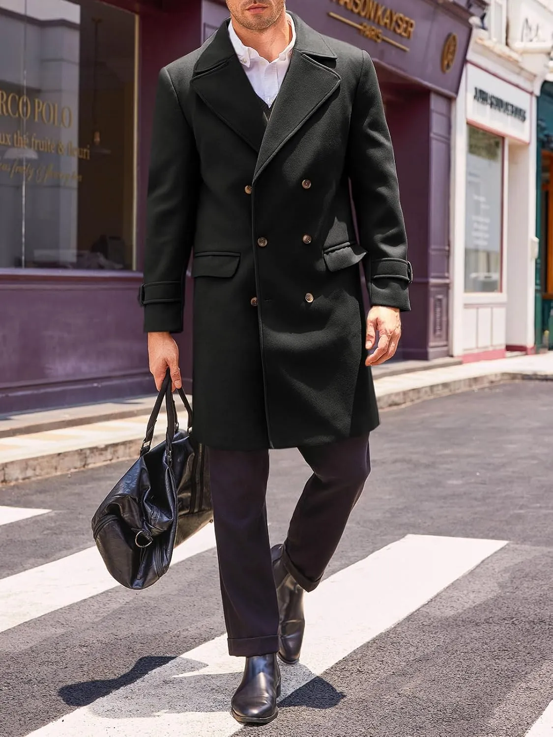 Runcati Mens Double Breasted Trench Coat Mid Long Jacket Notched Lapel Winter Chunky Warm Overcoat