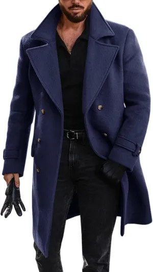 Runcati Mens Double Breasted Trench Coat Mid Long Jacket Notched Lapel Winter Chunky Warm Overcoat