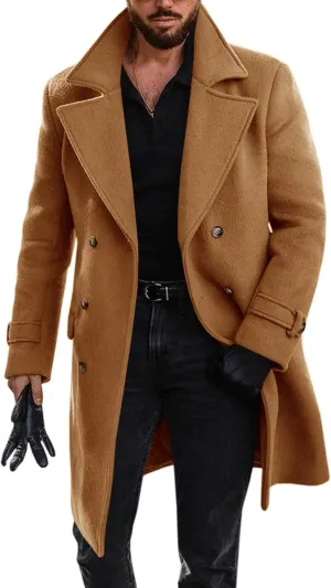 Runcati Mens Double Breasted Trench Coat Mid Long Jacket Notched Lapel Winter Chunky Warm Overcoat