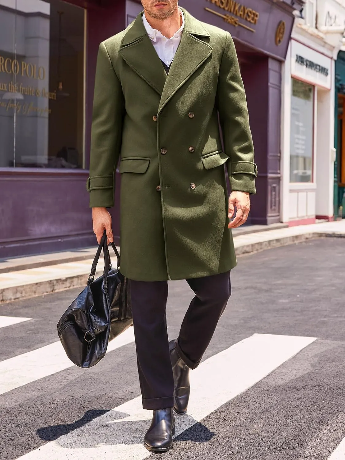 Runcati Mens Double Breasted Trench Coat Mid Long Jacket Notched Lapel Winter Chunky Warm Overcoat
