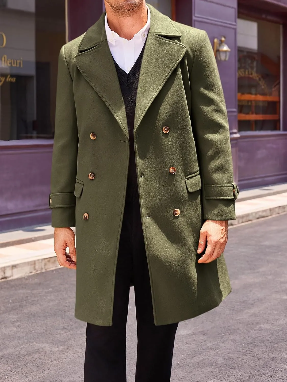 Runcati Mens Double Breasted Trench Coat Mid Long Jacket Notched Lapel Winter Chunky Warm Overcoat
