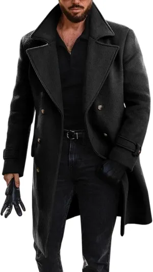 Runcati Mens Double Breasted Trench Coat Mid Long Jacket Notched Lapel Winter Chunky Warm Overcoat