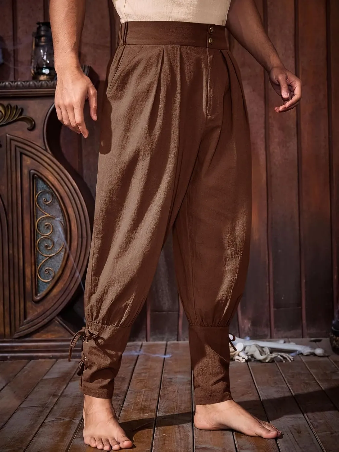 Runcati Mens Medieval Ankle Pants Renaissance Viking Pirate Pants Lace Up Cotton Tapered Halloween Costume Trousers