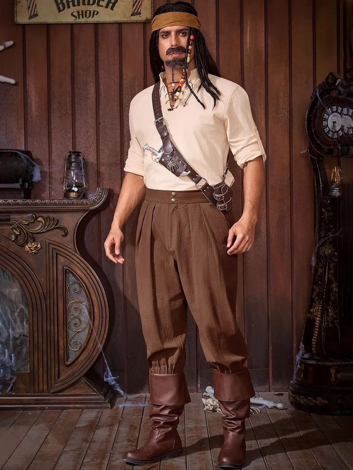 Runcati Mens Medieval Ankle Pants Renaissance Viking Pirate Pants Lace Up Cotton Tapered Halloween Costume Trousers