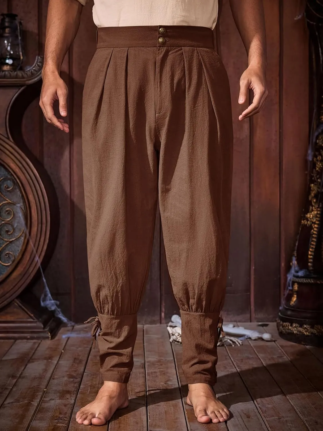 Runcati Mens Medieval Ankle Pants Renaissance Viking Pirate Pants Lace Up Cotton Tapered Halloween Costume Trousers
