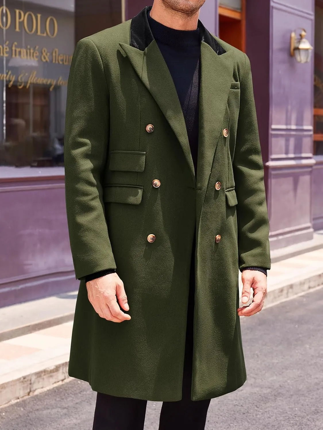 Runcati Mens Trench Coat Notch Lapel Double Breasted Casual Pea Coat Winter Warm Long Overcoat