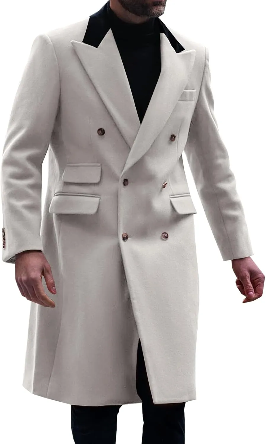 Runcati Mens Trench Coat Notch Lapel Double Breasted Casual Pea Coat Winter Warm Long Overcoat