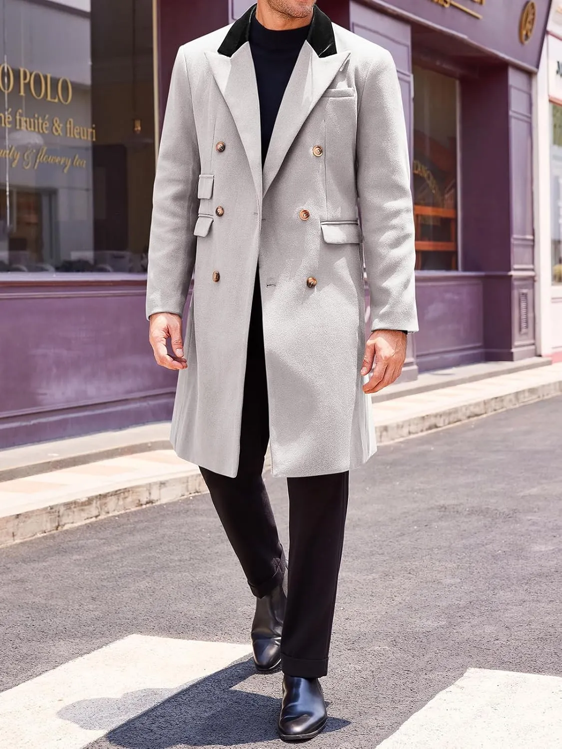 Runcati Mens Trench Coat Notch Lapel Double Breasted Casual Pea Coat Winter Warm Long Overcoat