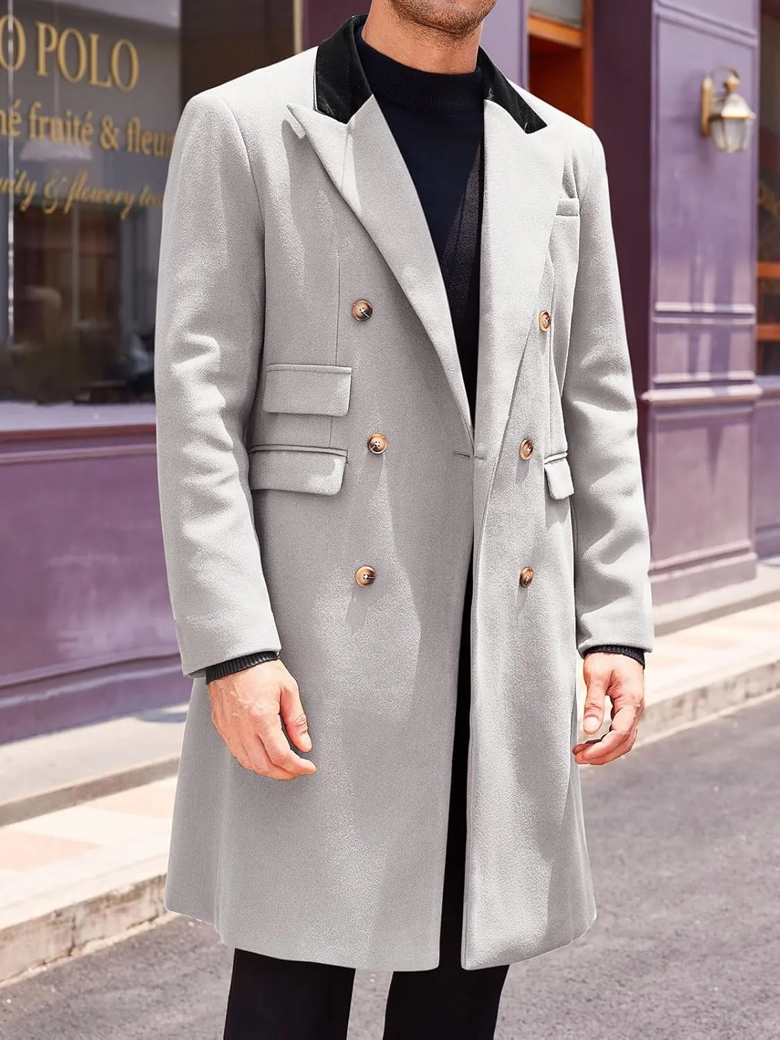 Runcati Mens Trench Coat Notch Lapel Double Breasted Casual Pea Coat Winter Warm Long Overcoat
