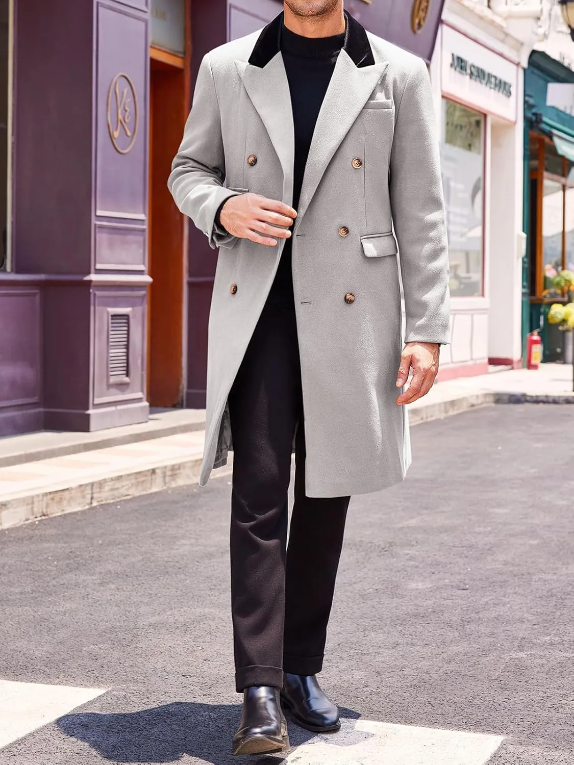 Runcati Mens Trench Coat Notch Lapel Double Breasted Casual Pea Coat Winter Warm Long Overcoat