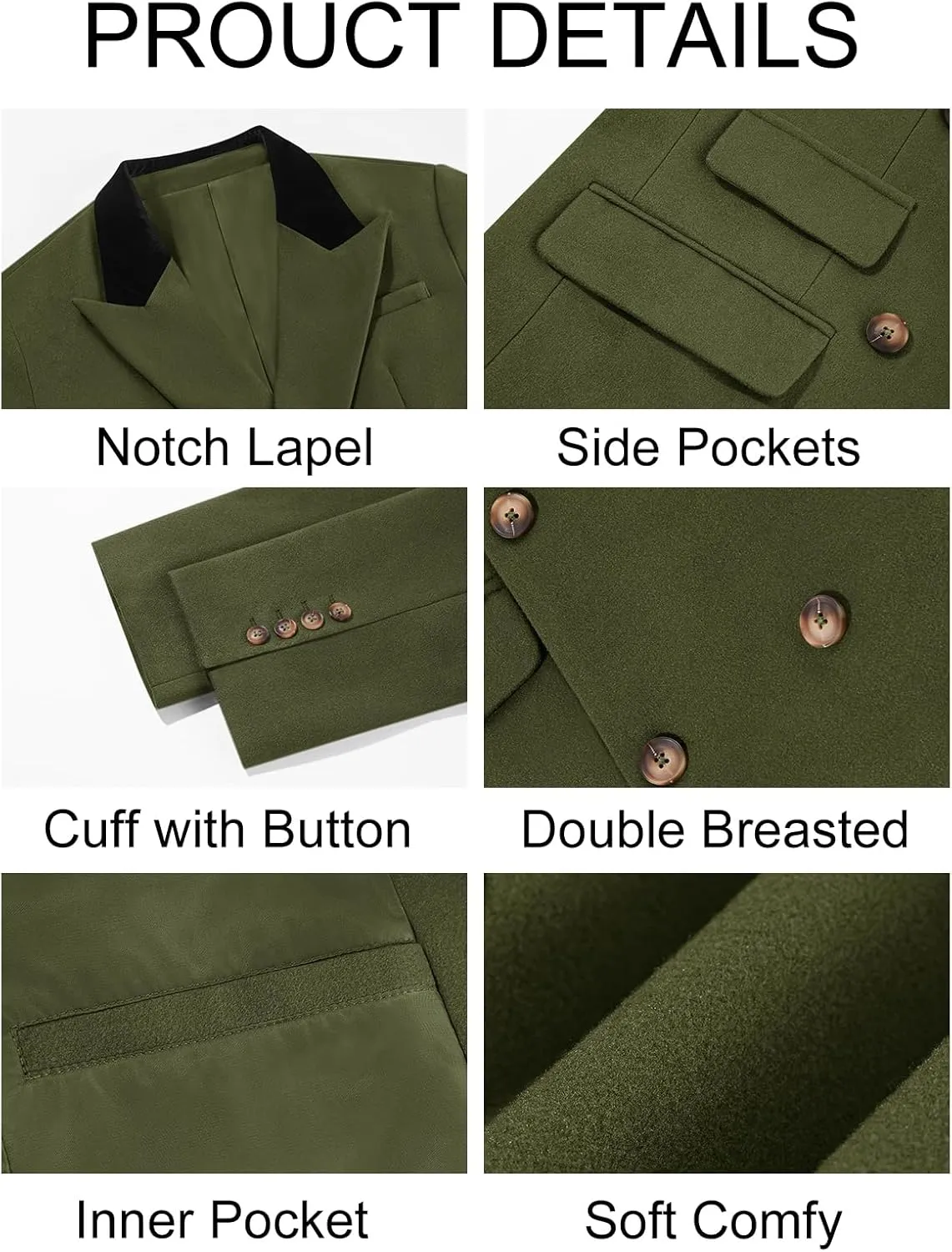 Runcati Mens Trench Coat Notch Lapel Double Breasted Casual Pea Coat Winter Warm Long Overcoat