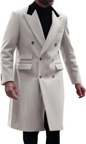 Runcati Mens Trench Coat Notch Lapel Double Breasted Casual Pea Coat Winter Warm Long Overcoat