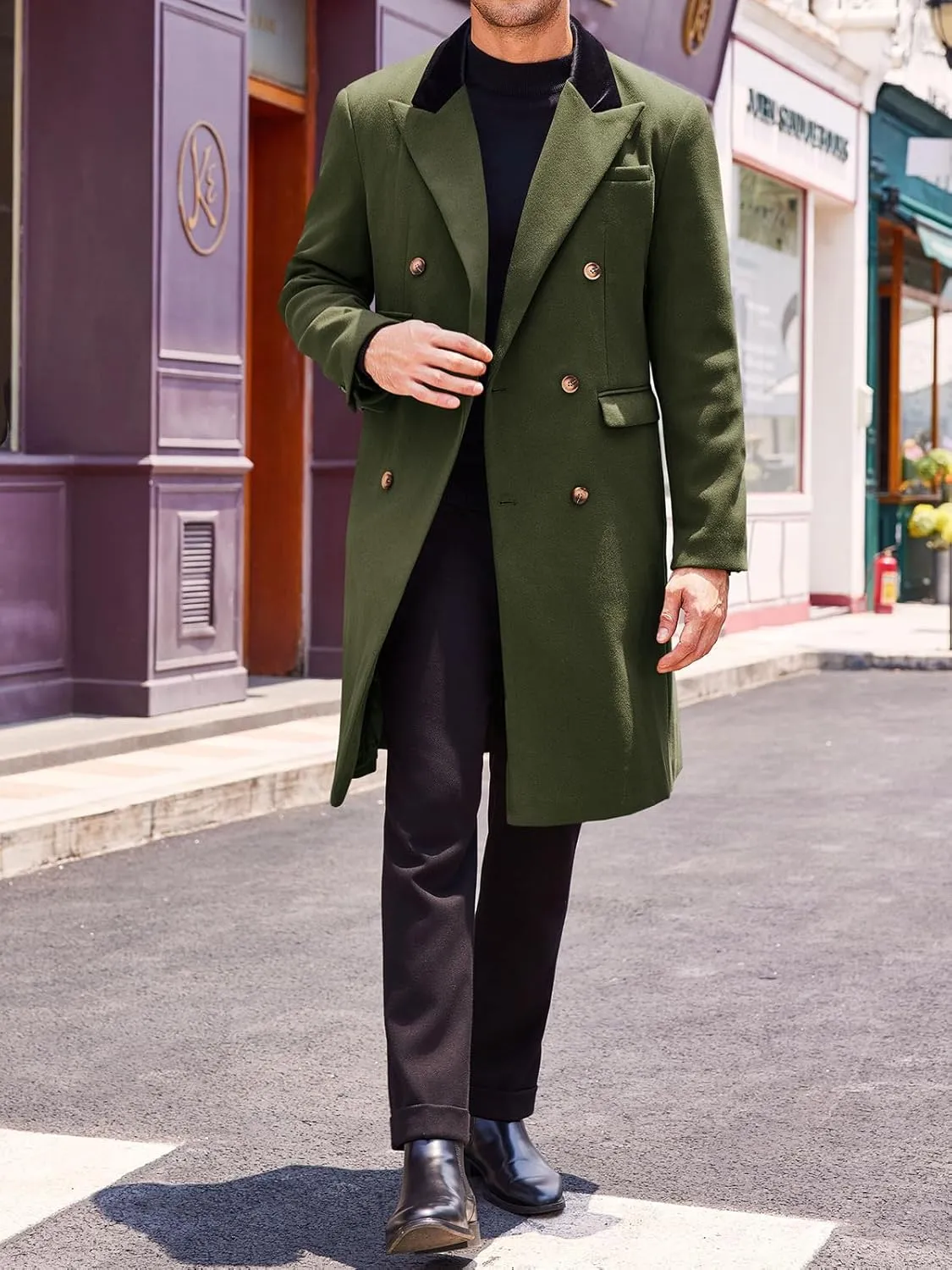 Runcati Mens Trench Coat Notch Lapel Double Breasted Casual Pea Coat Winter Warm Long Overcoat