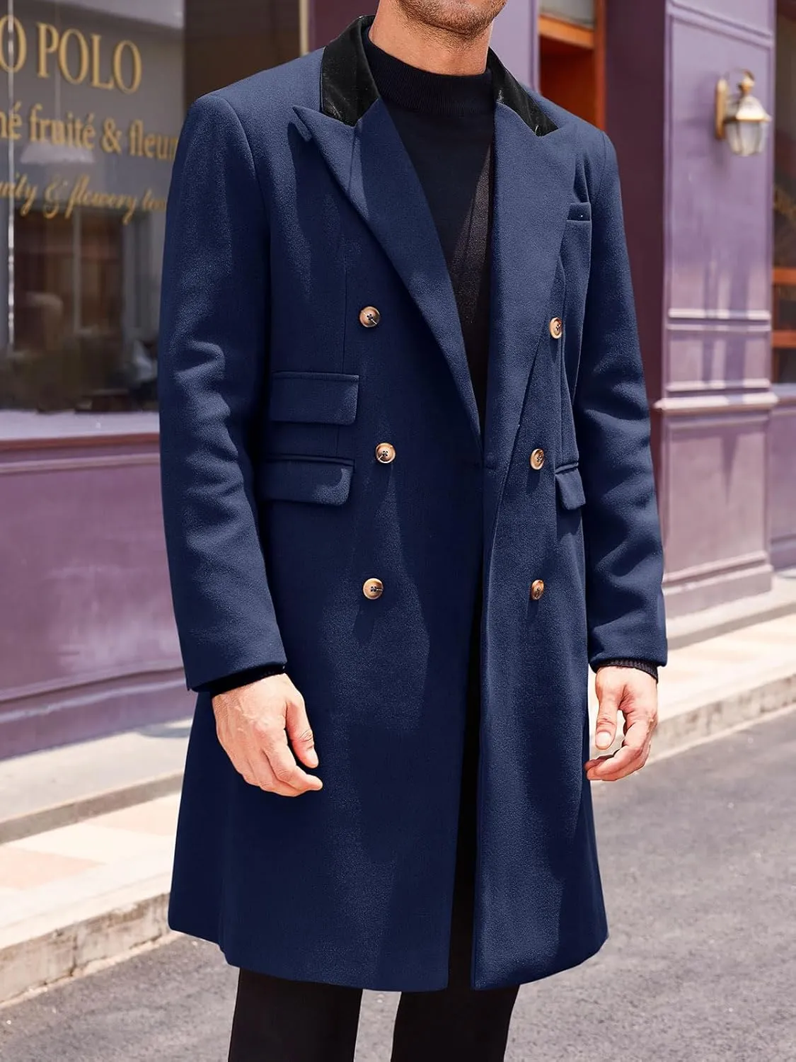 Runcati Mens Trench Coat Notch Lapel Double Breasted Casual Pea Coat Winter Warm Long Overcoat