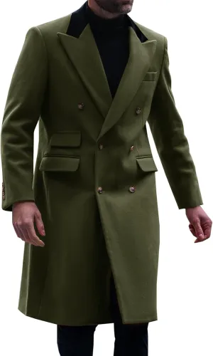 Runcati Mens Trench Coat Notch Lapel Double Breasted Casual Pea Coat Winter Warm Long Overcoat