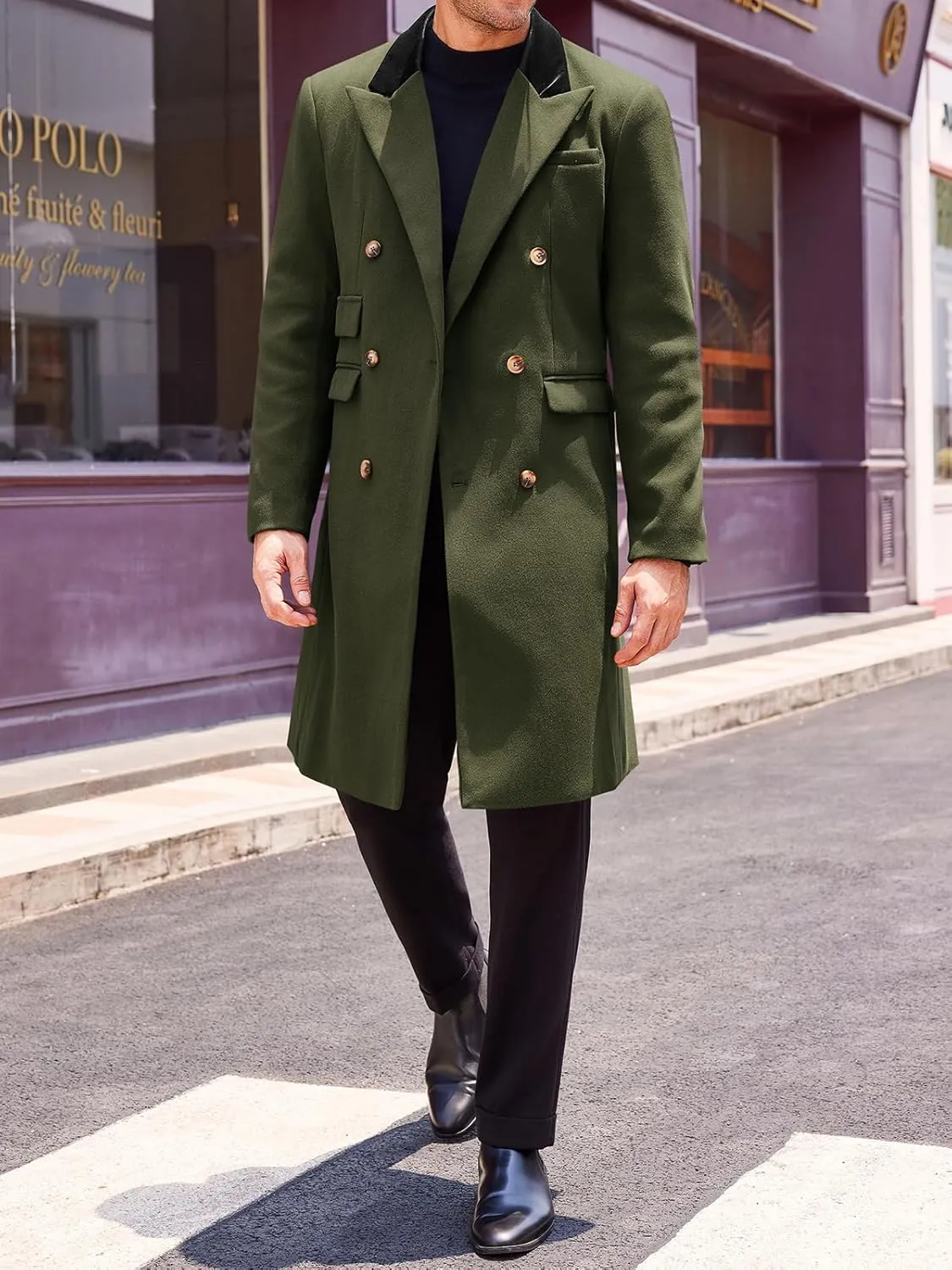 Runcati Mens Trench Coat Notch Lapel Double Breasted Casual Pea Coat Winter Warm Long Overcoat