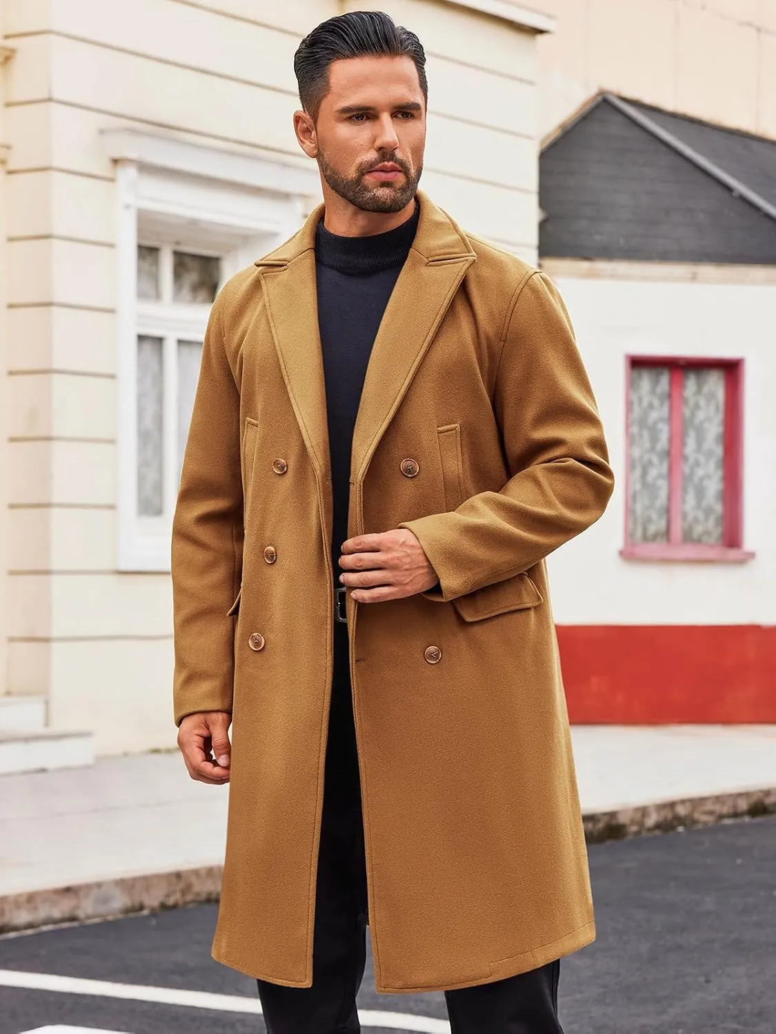 Runcati Mens Trench Coat Notch Lapel Slim Fit Double Breasted Casual Long Business Pea Coat Overcoat