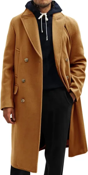 Runcati Mens Trench Coat Notch Lapel Slim Fit Double Breasted Casual Long Business Pea Coat Overcoat