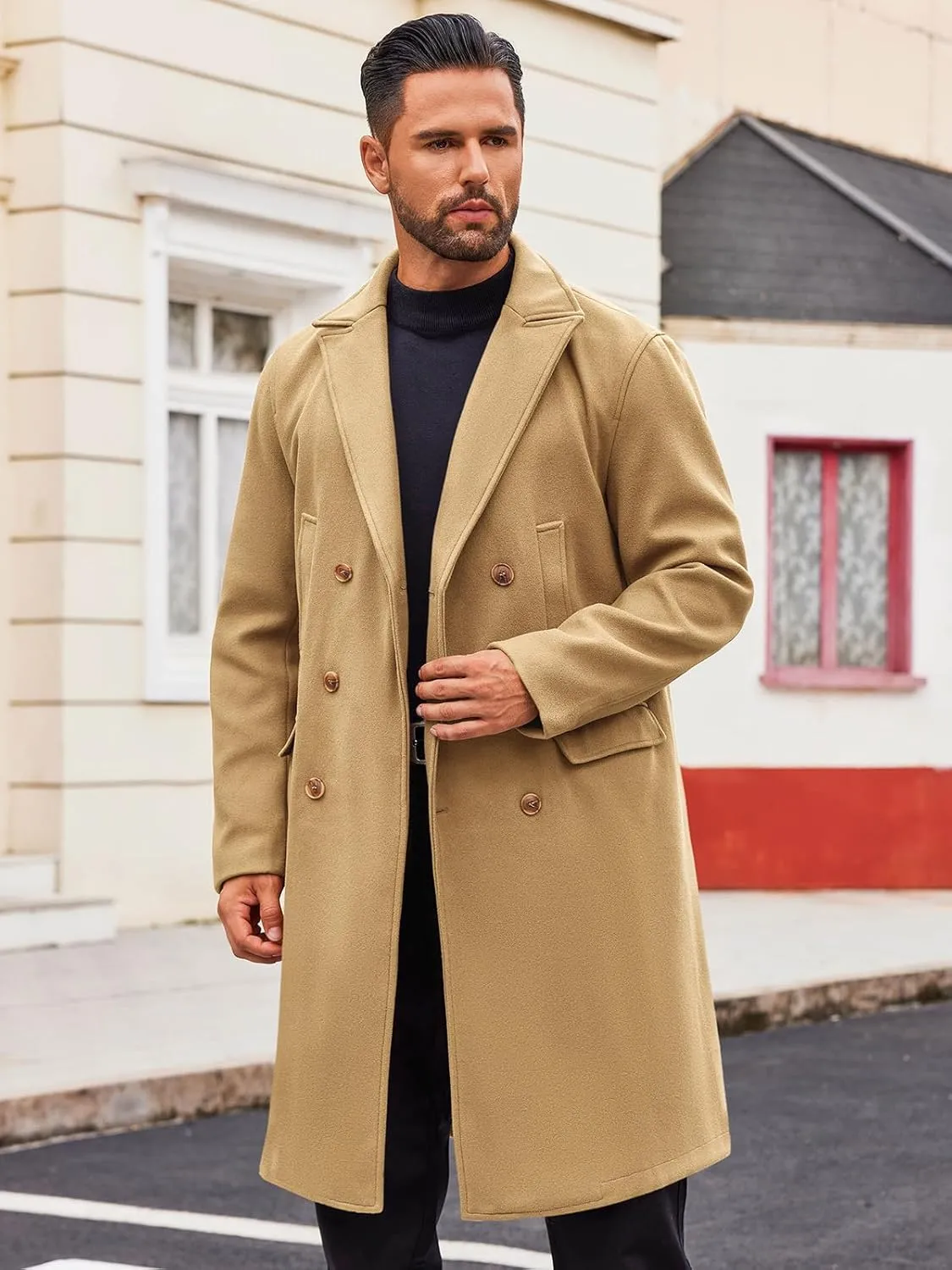 Runcati Mens Trench Coat Notch Lapel Slim Fit Double Breasted Casual Long Business Pea Coat Overcoat