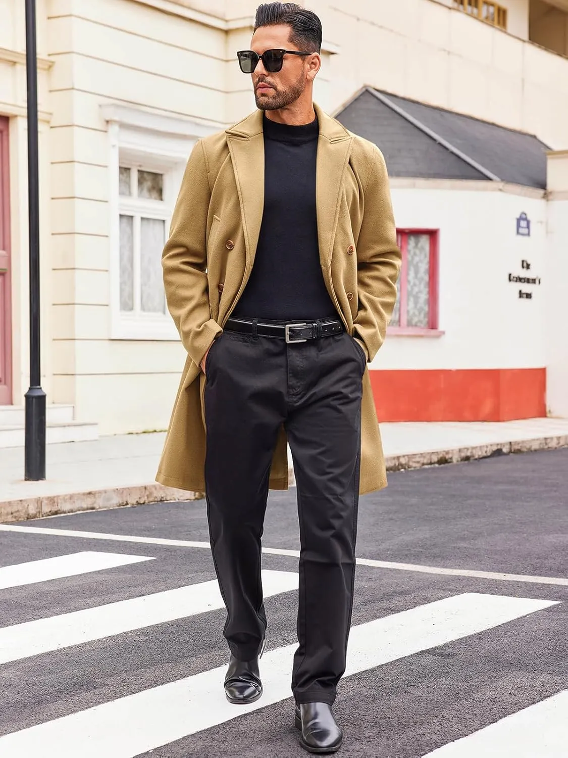 Runcati Mens Trench Coat Notch Lapel Slim Fit Double Breasted Casual Long Business Pea Coat Overcoat