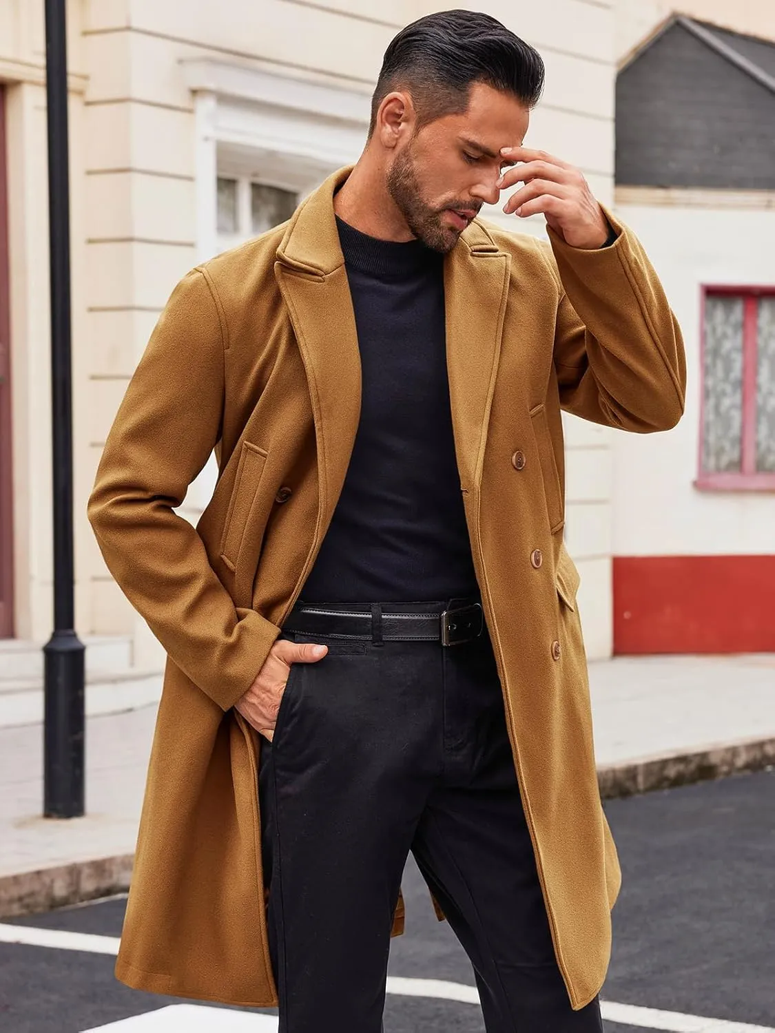 Runcati Mens Trench Coat Notch Lapel Slim Fit Double Breasted Casual Long Business Pea Coat Overcoat