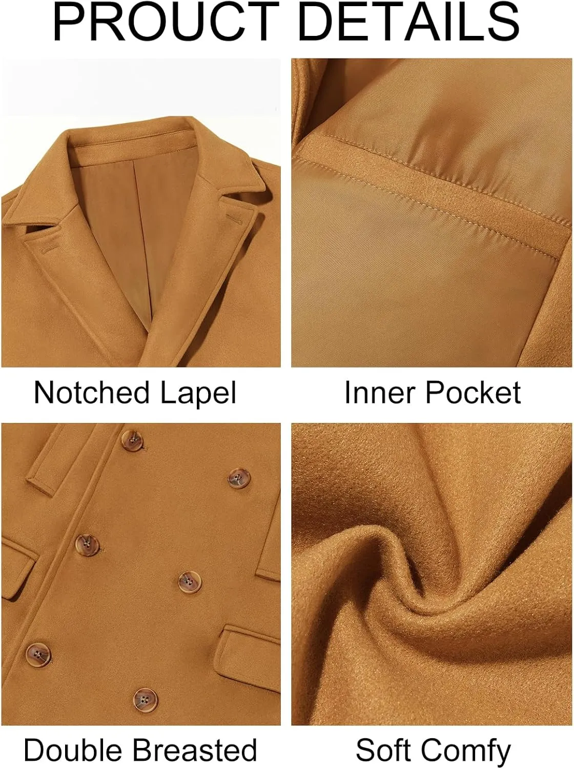 Runcati Mens Trench Coat Notch Lapel Slim Fit Double Breasted Casual Long Business Pea Coat Overcoat