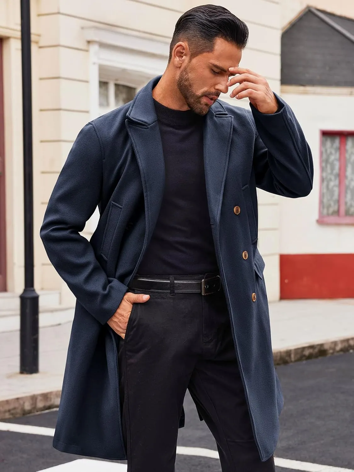 Runcati Mens Trench Coat Notch Lapel Slim Fit Double Breasted Casual Long Business Pea Coat Overcoat