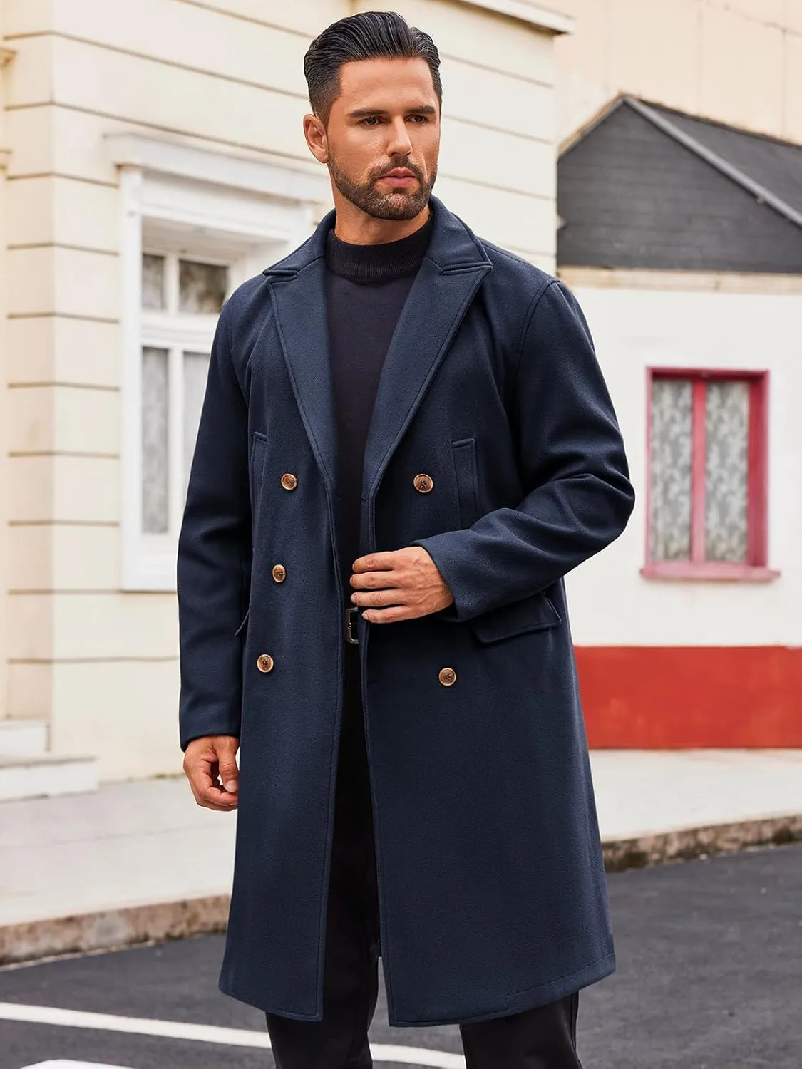 Runcati Mens Trench Coat Notch Lapel Slim Fit Double Breasted Casual Long Business Pea Coat Overcoat