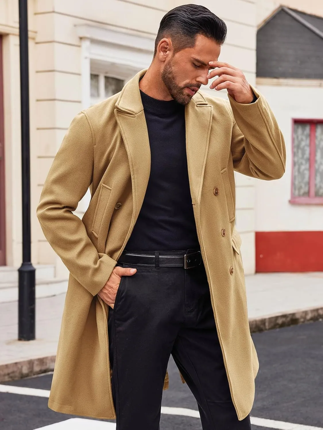 Runcati Mens Trench Coat Notch Lapel Slim Fit Double Breasted Casual Long Business Pea Coat Overcoat