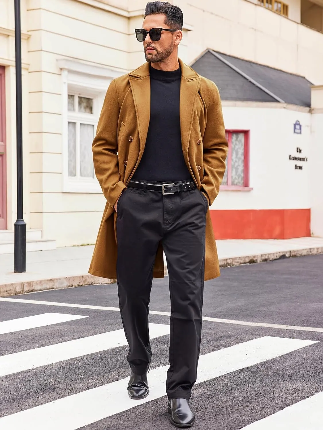 Runcati Mens Trench Coat Notch Lapel Slim Fit Double Breasted Casual Long Business Pea Coat Overcoat