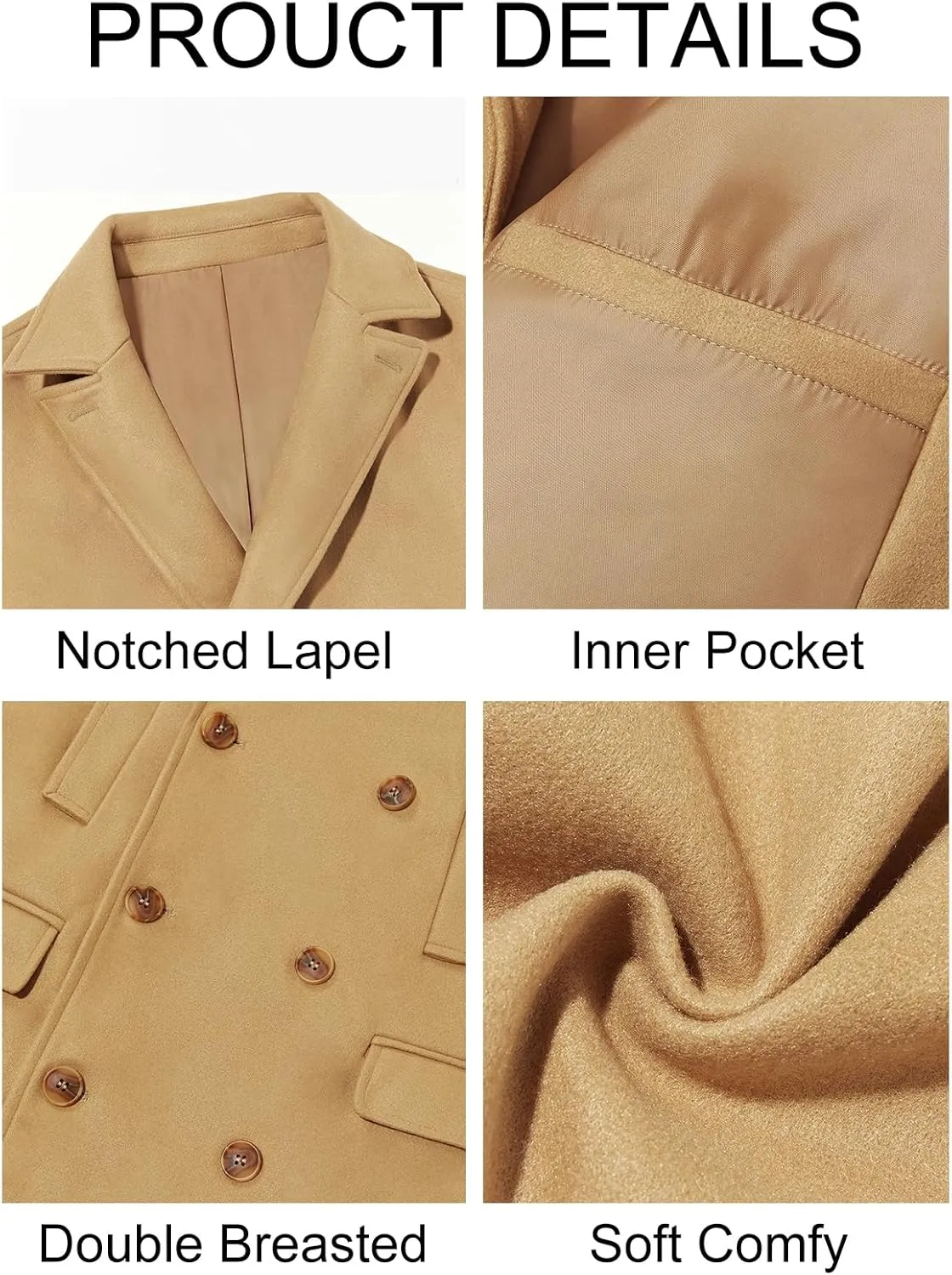 Runcati Mens Trench Coat Notch Lapel Slim Fit Double Breasted Casual Long Business Pea Coat Overcoat