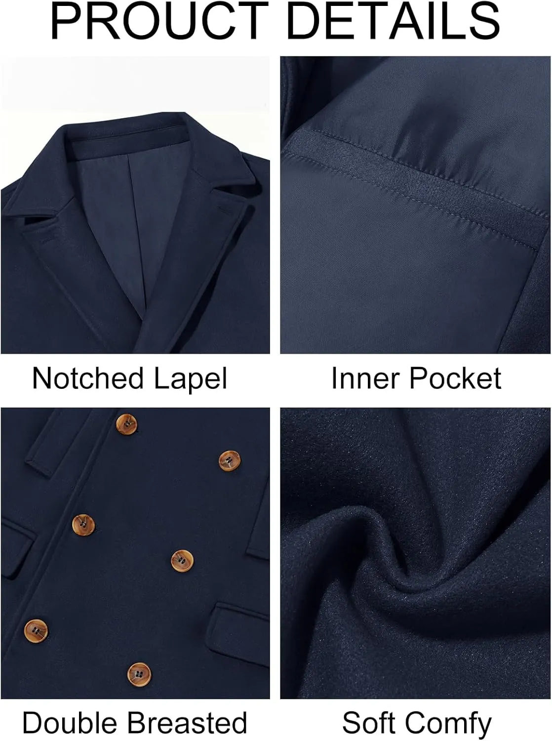 Runcati Mens Trench Coat Notch Lapel Slim Fit Double Breasted Casual Long Business Pea Coat Overcoat