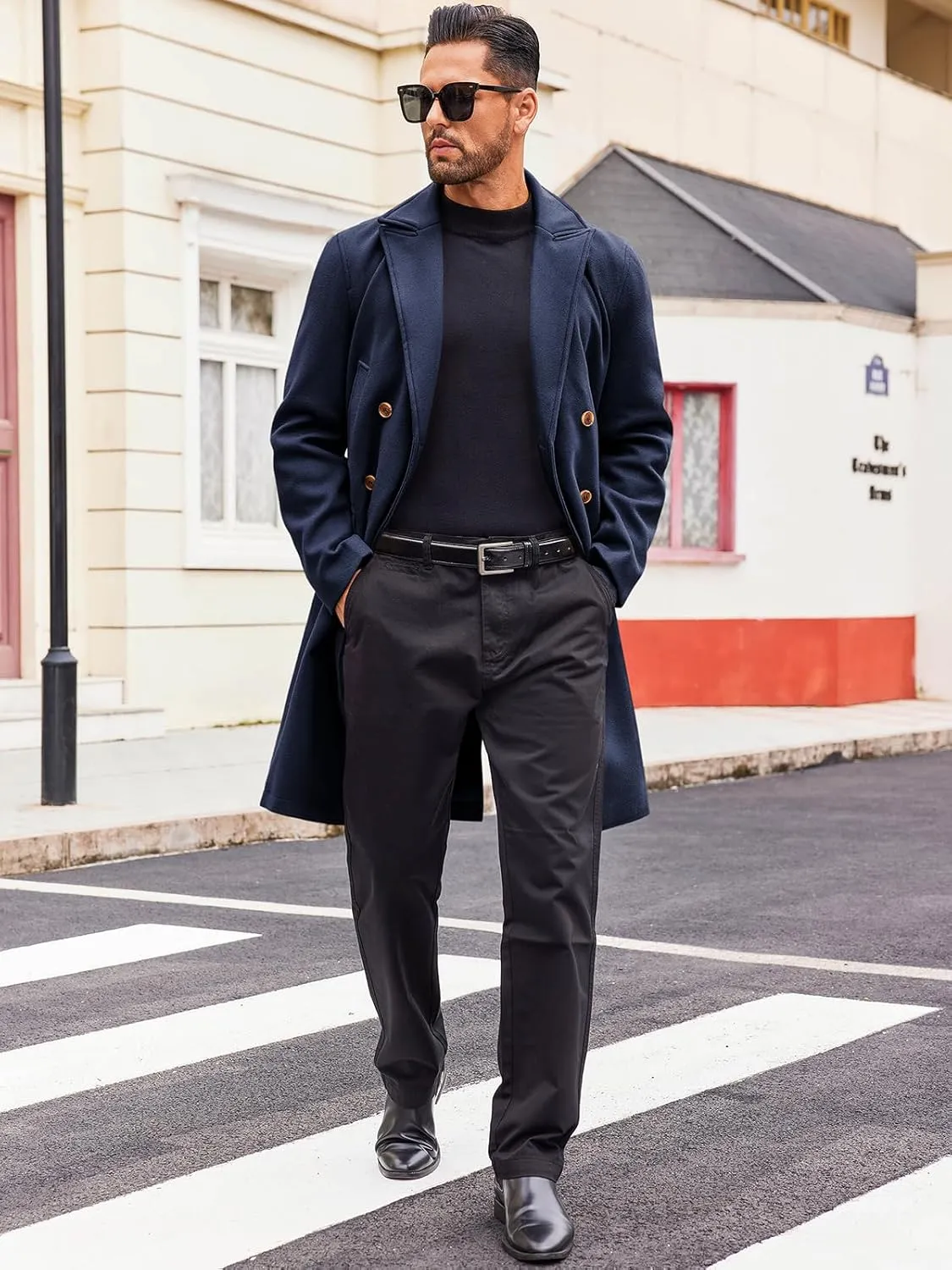 Runcati Mens Trench Coat Notch Lapel Slim Fit Double Breasted Casual Long Business Pea Coat Overcoat