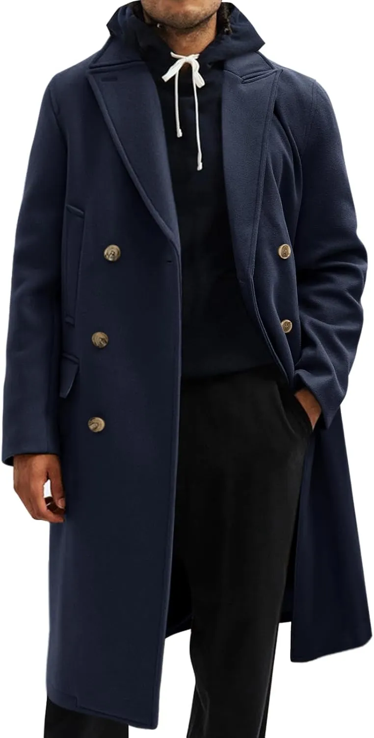 Runcati Mens Trench Coat Notch Lapel Slim Fit Double Breasted Casual Long Business Pea Coat Overcoat