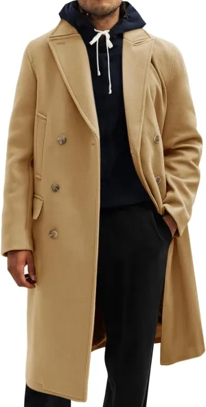 Runcati Mens Trench Coat Notch Lapel Slim Fit Double Breasted Casual Long Business Pea Coat Overcoat