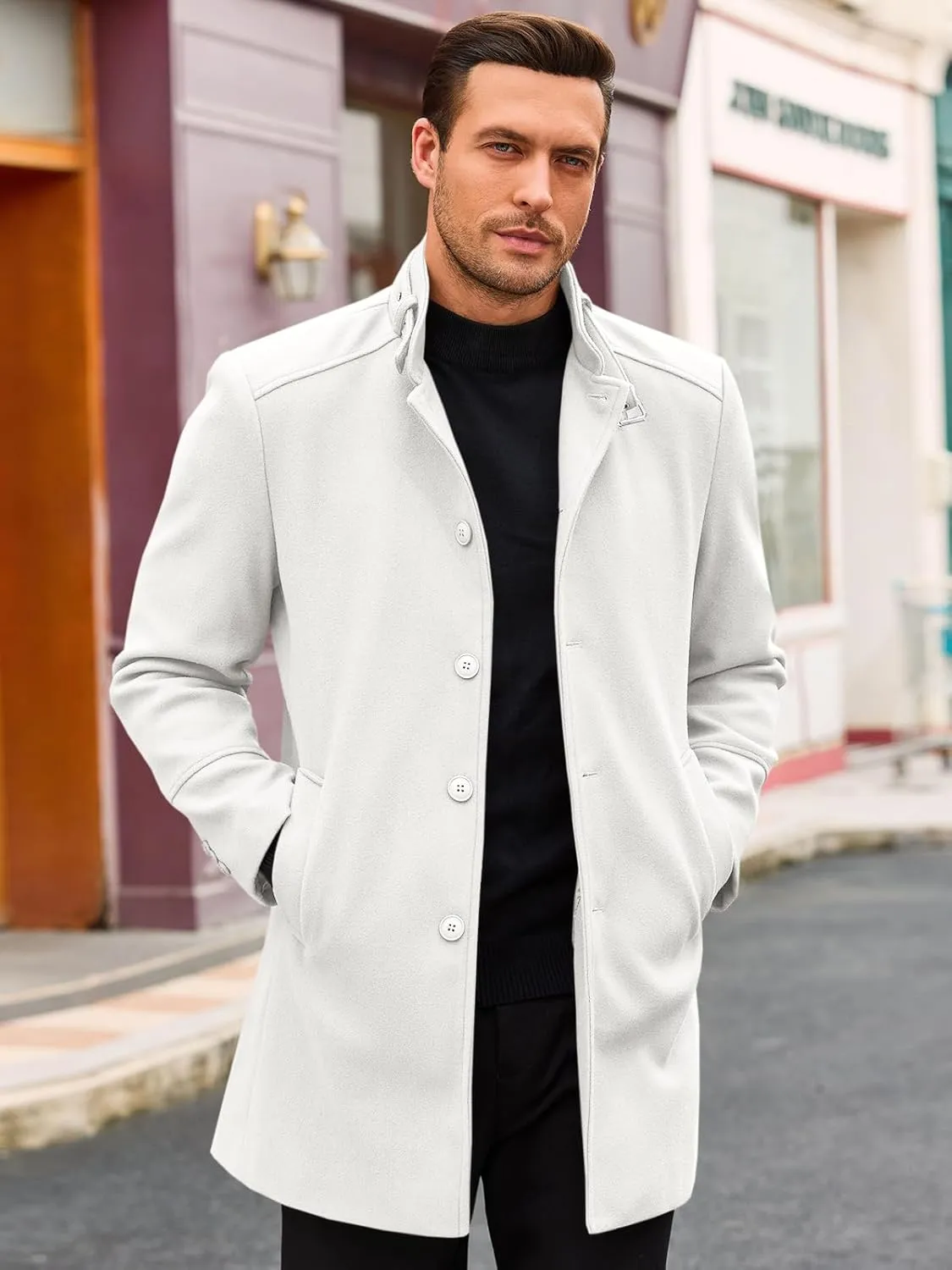 Runcati Mens Trench Coat Stand Collar Casual Slim Fit Single Breasted Pea Coat Overcoat