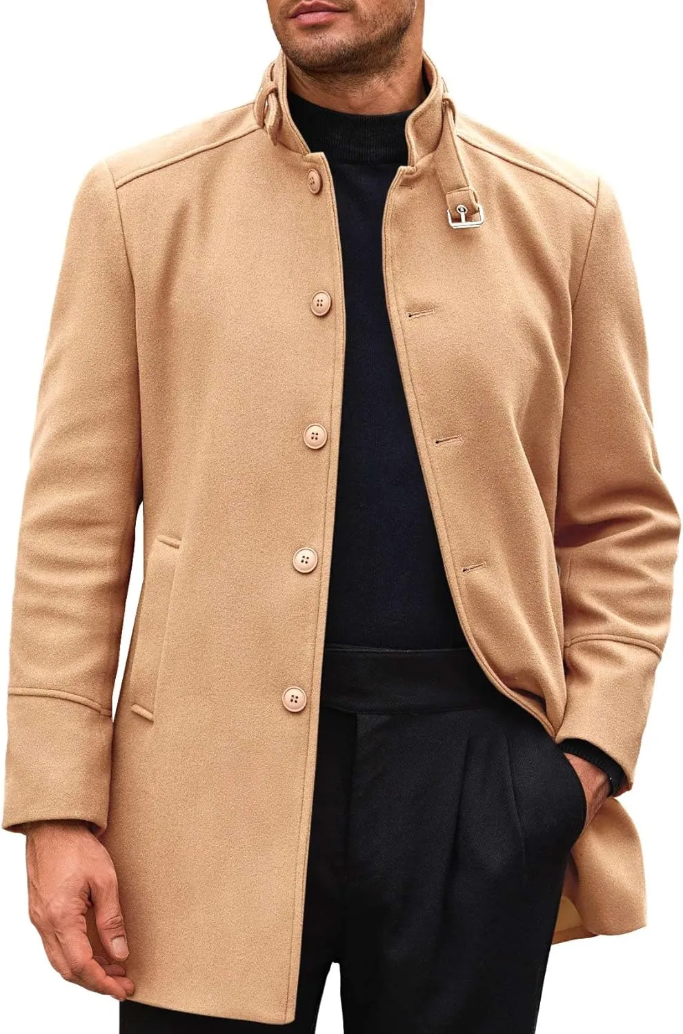 Runcati Mens Trench Coat Stand Collar Casual Slim Fit Single Breasted Pea Coat Overcoat