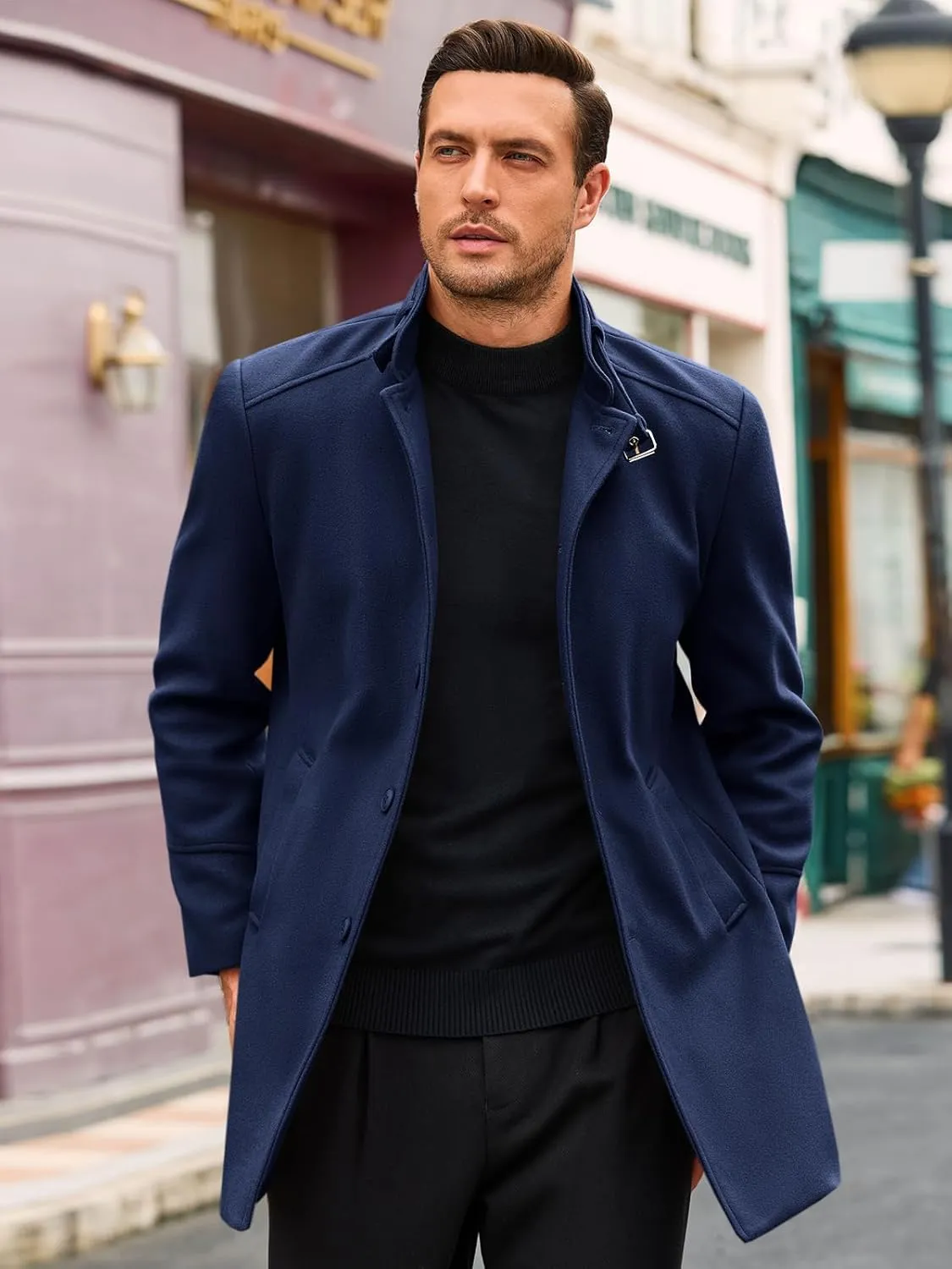 Runcati Mens Trench Coat Stand Collar Casual Slim Fit Single Breasted Pea Coat Overcoat