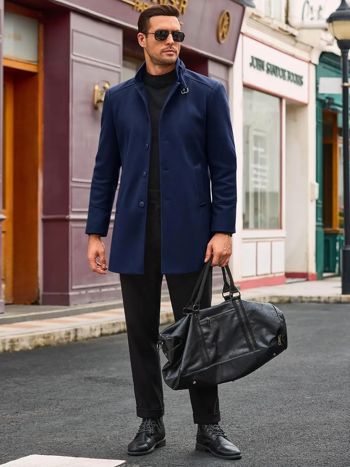 Runcati Mens Trench Coat Stand Collar Casual Slim Fit Single Breasted Pea Coat Overcoat