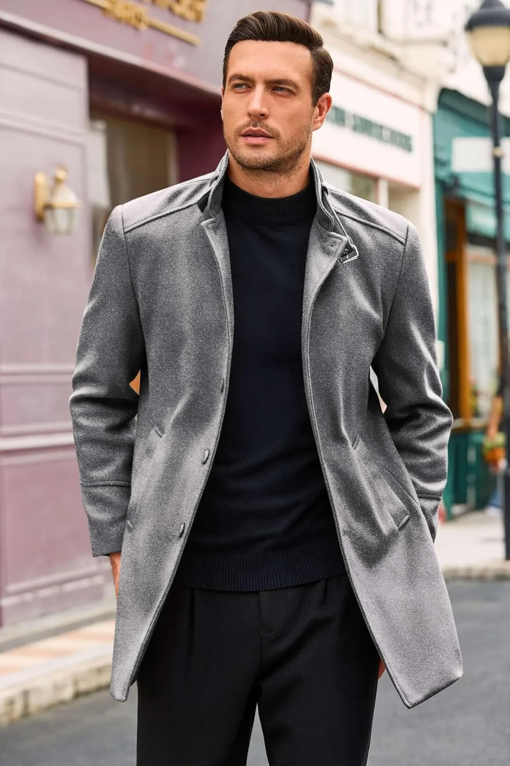 Runcati Mens Trench Coat Stand Collar Casual Slim Fit Single Breasted Pea Coat Overcoat