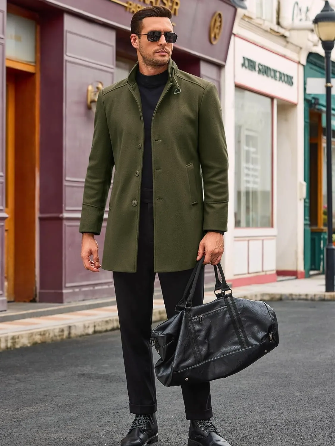 Runcati Mens Trench Coat Stand Collar Casual Slim Fit Single Breasted Pea Coat Overcoat