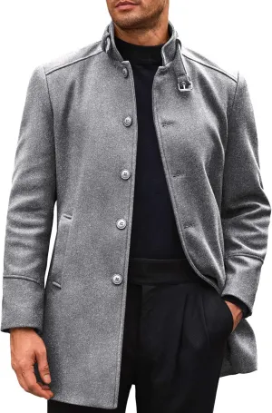 Runcati Mens Trench Coat Stand Collar Casual Slim Fit Single Breasted Pea Coat Overcoat