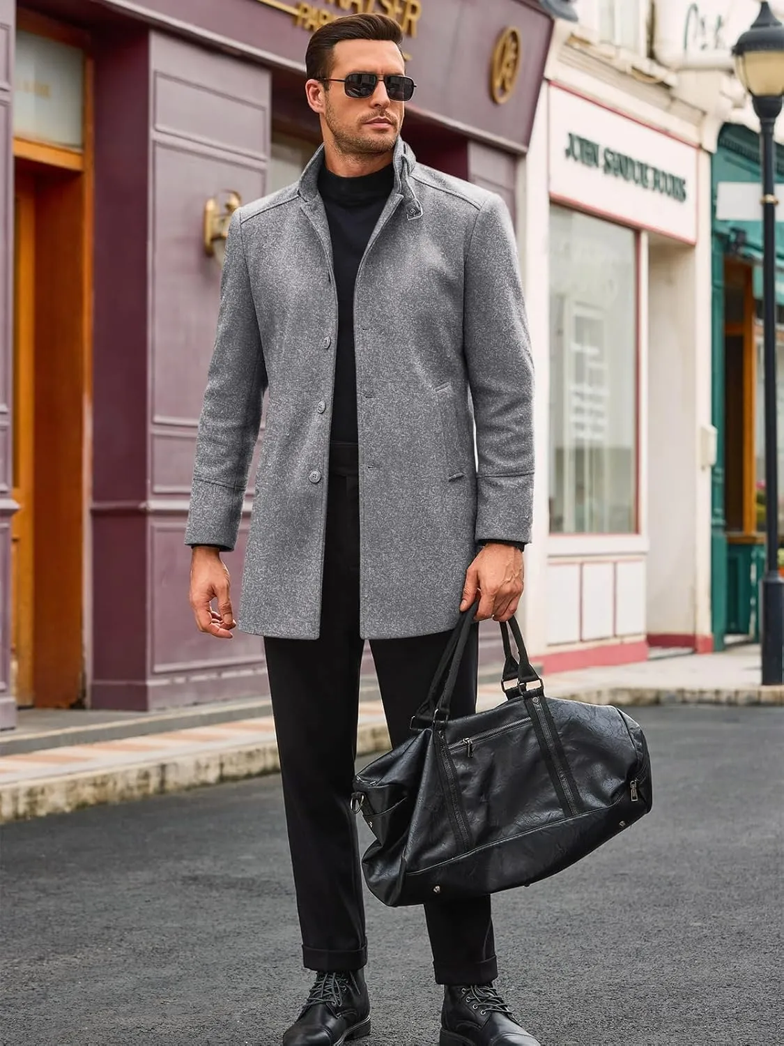 Runcati Mens Trench Coat Stand Collar Casual Slim Fit Single Breasted Pea Coat Overcoat