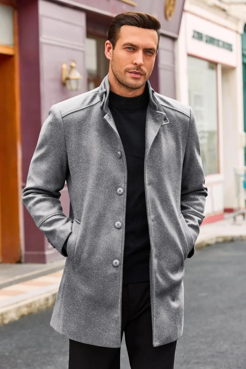 Runcati Mens Trench Coat Stand Collar Casual Slim Fit Single Breasted Pea Coat Overcoat