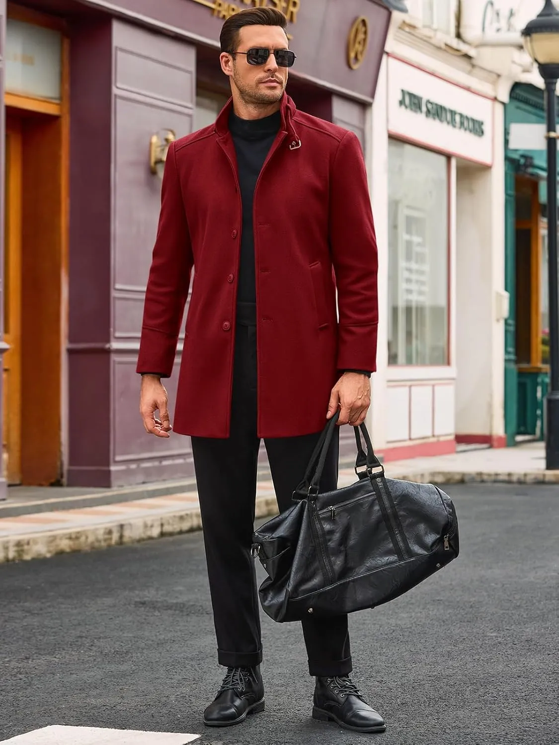 Runcati Mens Trench Coat Stand Collar Casual Slim Fit Single Breasted Pea Coat Overcoat