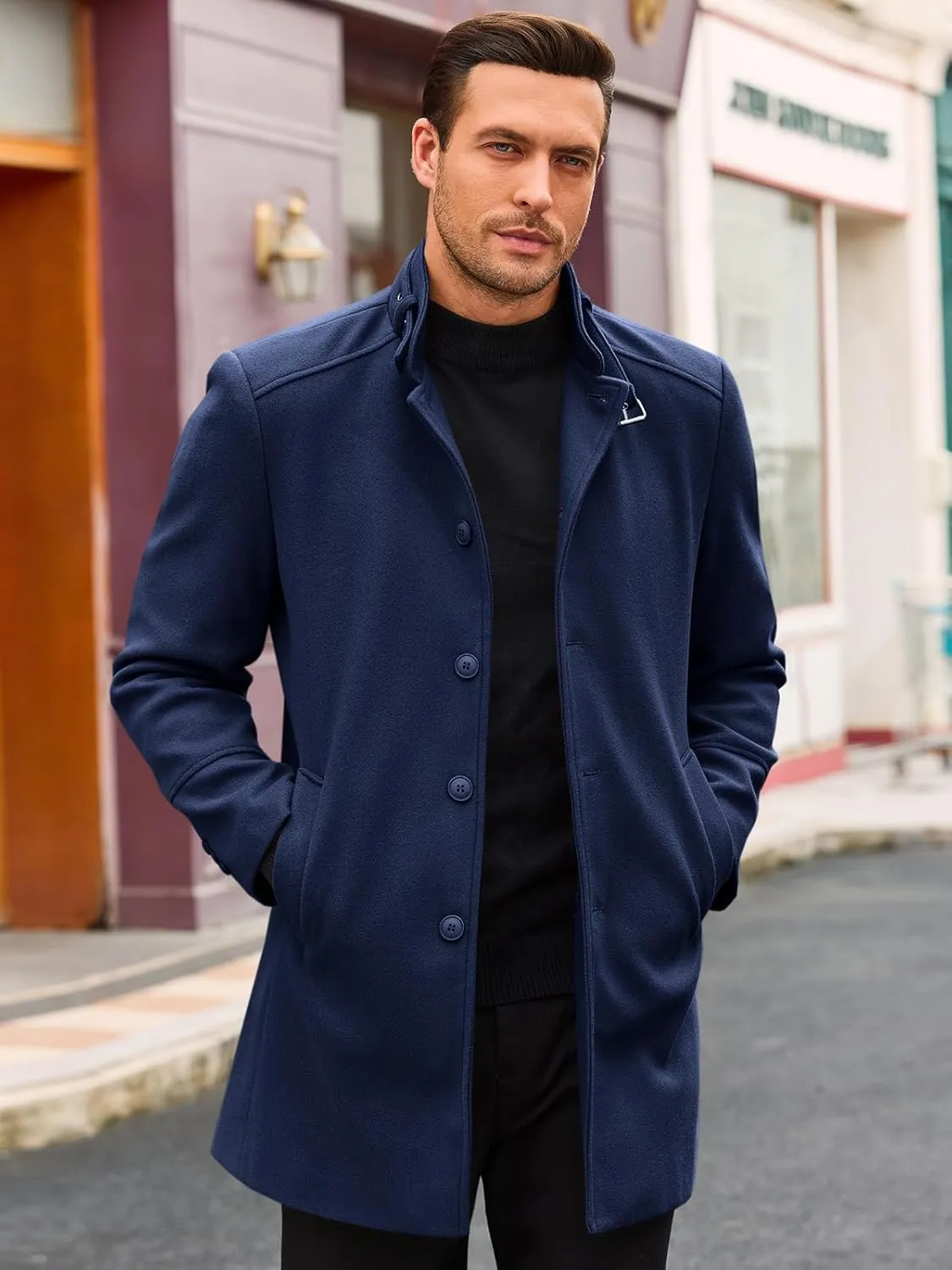Runcati Mens Trench Coat Stand Collar Casual Slim Fit Single Breasted Pea Coat Overcoat