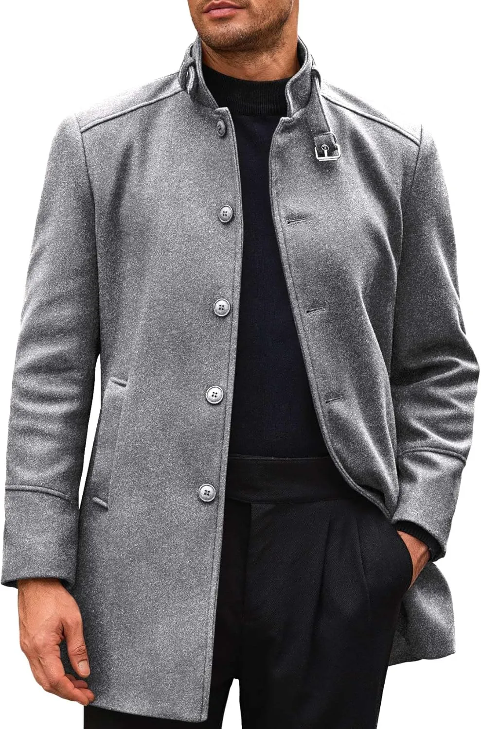 Runcati Mens Trench Coat Stand Collar Casual Slim Fit Single Breasted Pea Coat Overcoat