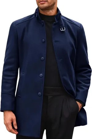 Runcati Mens Trench Coat Stand Collar Casual Slim Fit Single Breasted Pea Coat Overcoat